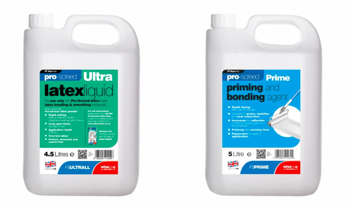 Floorwise Pro-Screed latex liquid and priming agent bottle packaging