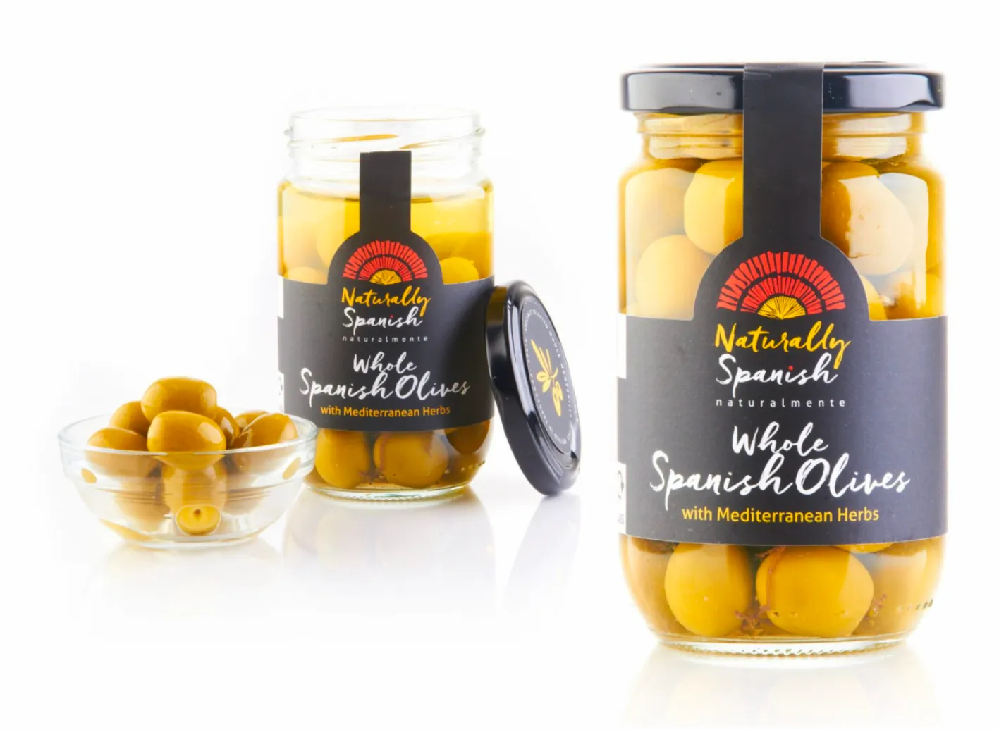 Naturally Spanish whole olives jar packaging — designed by 2Heads Design